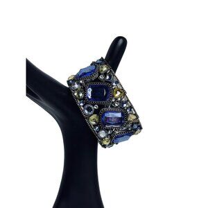 Vintage Silver Tone With Blue, Clear And Yellow Rhinestones Stretch Bracelet (53